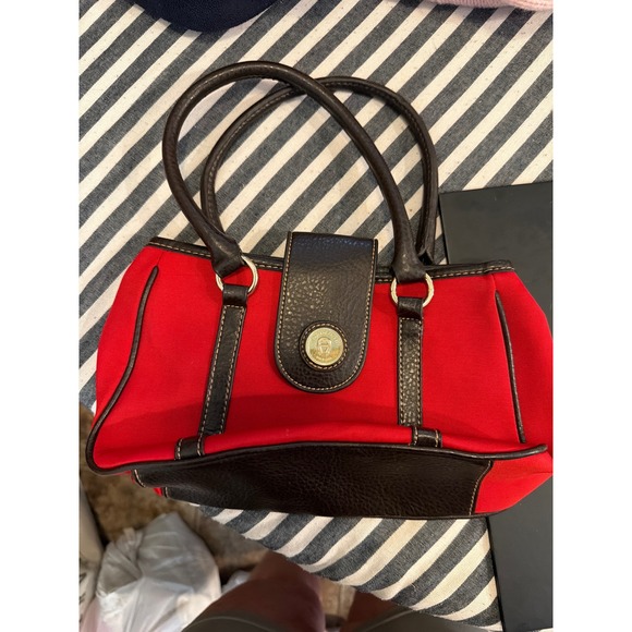 Etienne Aigner Handbags - Etienne Aigner Red Canvas and Brown Leather Satchel Handbag Gold Logo Medallion